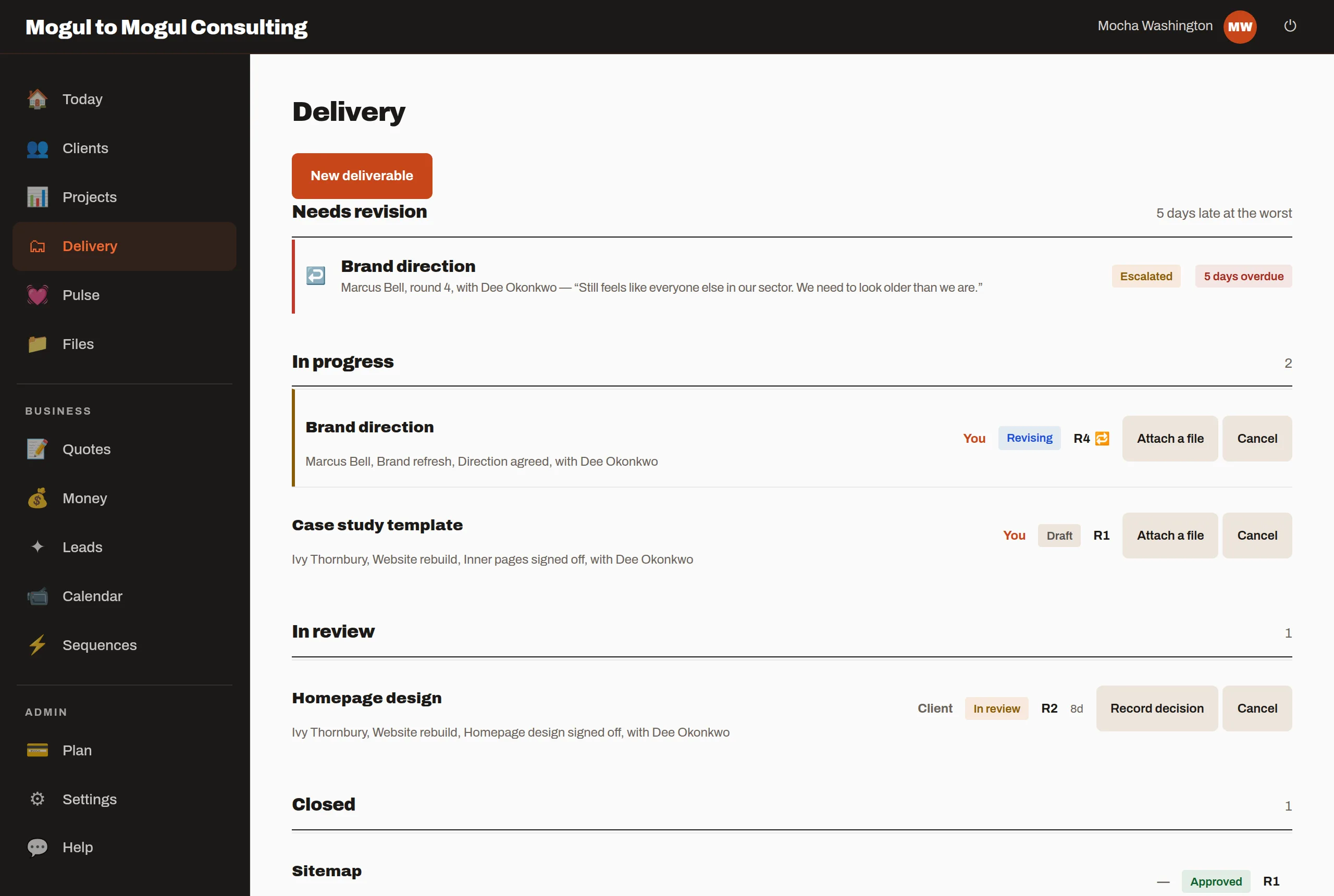 The Delivery screen: one deliverable needs revision and is five days overdue, two are in progress on round two, one is in review with the client, one is approved.