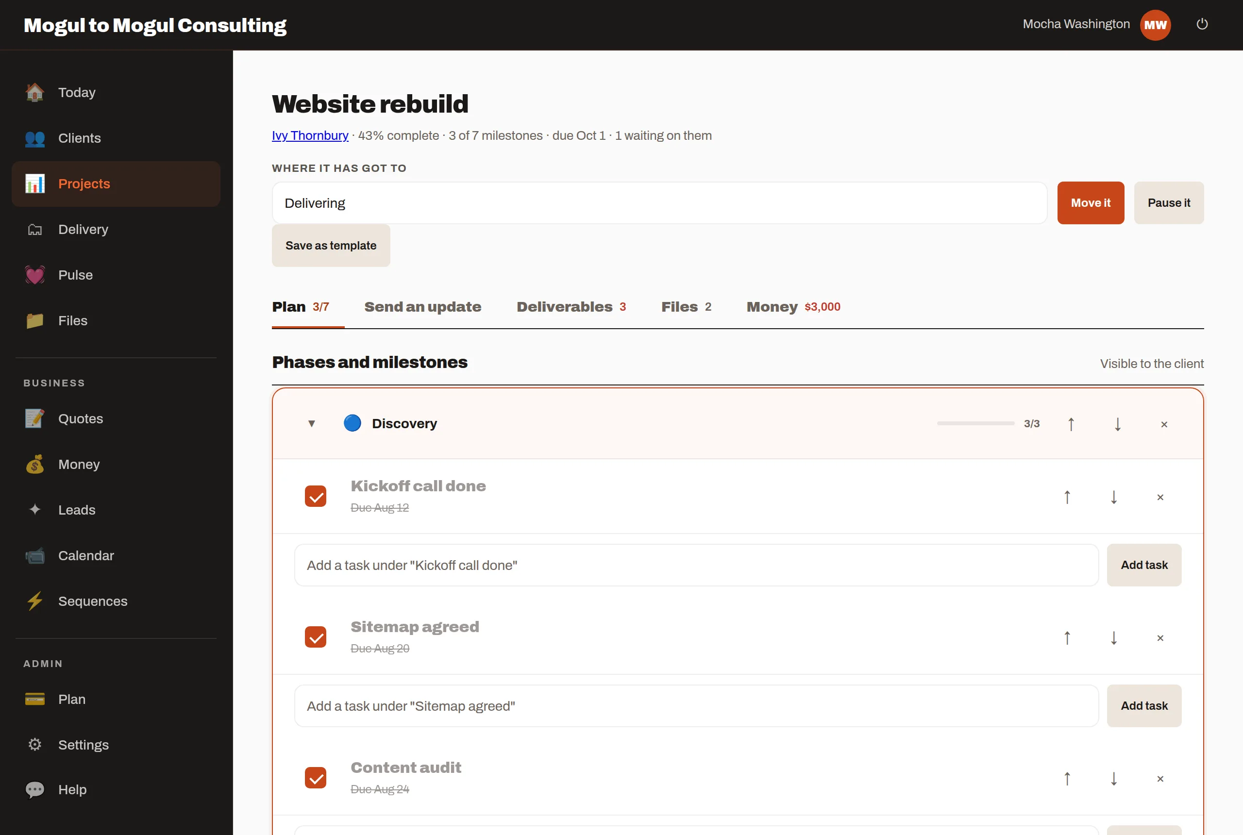 The Website rebuild project: 43% complete, three of seven milestones, due October 1, with phases and ticked-off milestones marked visible to the client.